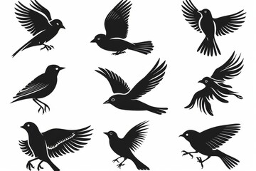 Obraz premium Bird icon set, black and white sparrow symbols, bird sign collection, wild animal pictograms on white