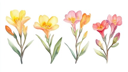 Fototapeta premium Elegant Watercolor Freesia Flowers: A Vibrant Botanical Illustration for Home Decor and Inspiration
