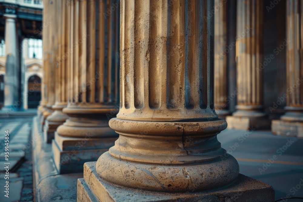 Aufkleber A detailed view of a row of urban columns on a sidewalk, great for use in architecture or cityscape images