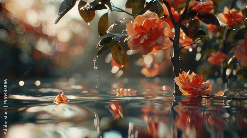 Poster a close-up view of a flower floating on the water's surface, ideal for use in nature and outdoor-the