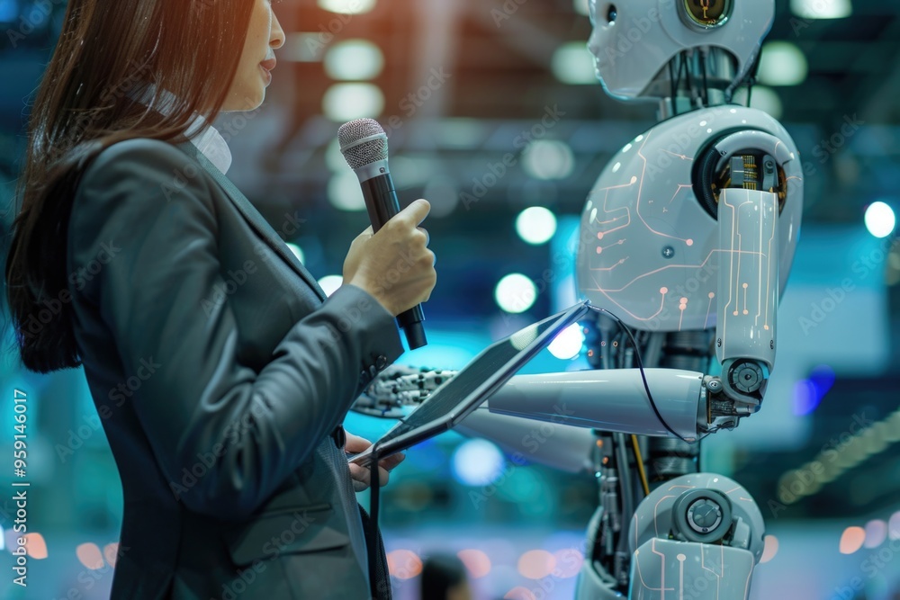 Leinwandbilder a person speaking into a microphone while standing next to a robot