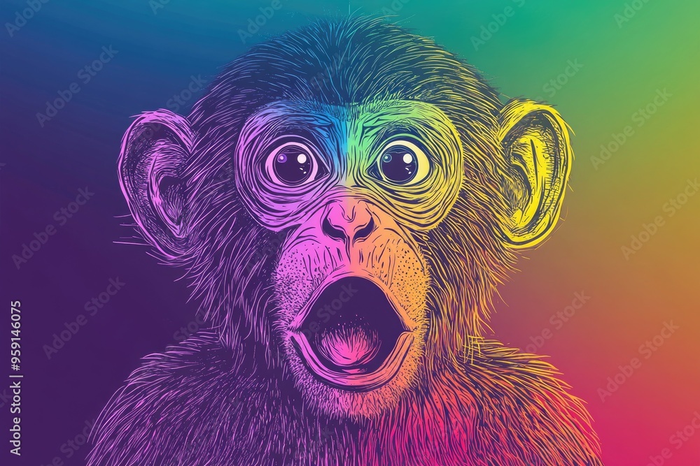 Wall mural line art illustration of a cartoon monkey with a shocked expression featuring a vibrant rainbow grad