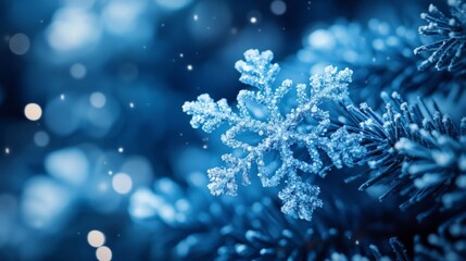 Fototapeta premium Snowflake on Pine Tree with Bokeh Lights