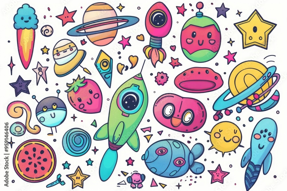 Poster various space-related objects including rockets, spacecraft, astronauts, and satellite components
