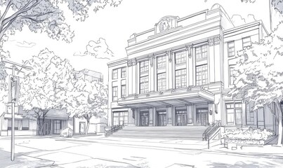 Line art illustration of a theater in a downtown area showcasing architectural details and cultural significance