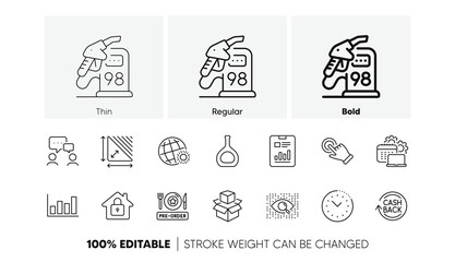 Petrol station, Touchscreen gesture and Cognac bottle line icons. Pack of Packing boxes, Software, Time management icon. Report diagram, Cashback, Artificial intelligence pictogram. Line icons. Vector