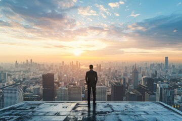 Male executive on rooftop, looking at cityscape, contemplating future.