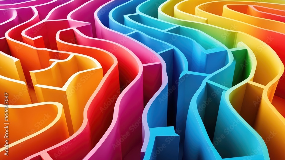 Poster 3d maze created with abstract folded paper in vibrant colors, set against a white background, creati