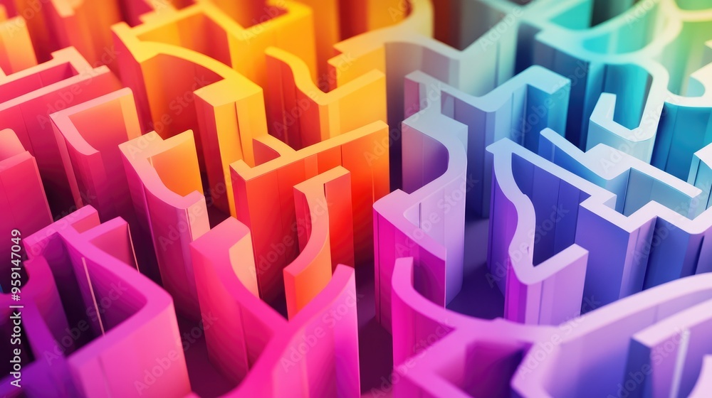 Poster 3d maze created with abstract folded paper in vibrant colors, set against a white background, creati