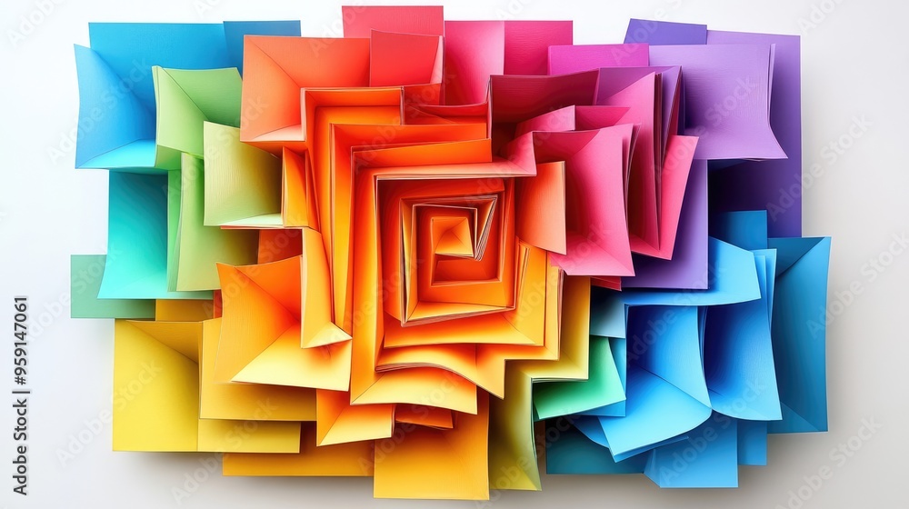 Poster 3d maze made of abstract folded paper in vibrant colors, set against a white background, creating a 