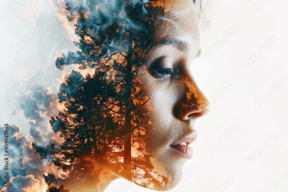 Aufkleber a woman's face with a tree in the background, suitable for use in nature-inspired themes and designs