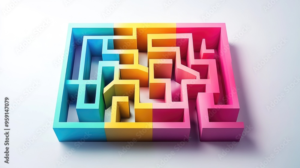 Poster 3d maze made of abstract folded paper in vibrant colors, set against a white background, creating a 
