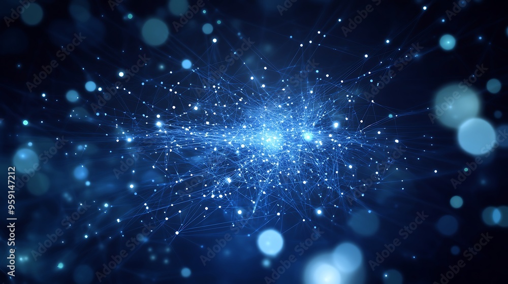 Poster abstract blue network with glowing nodes and blurred background