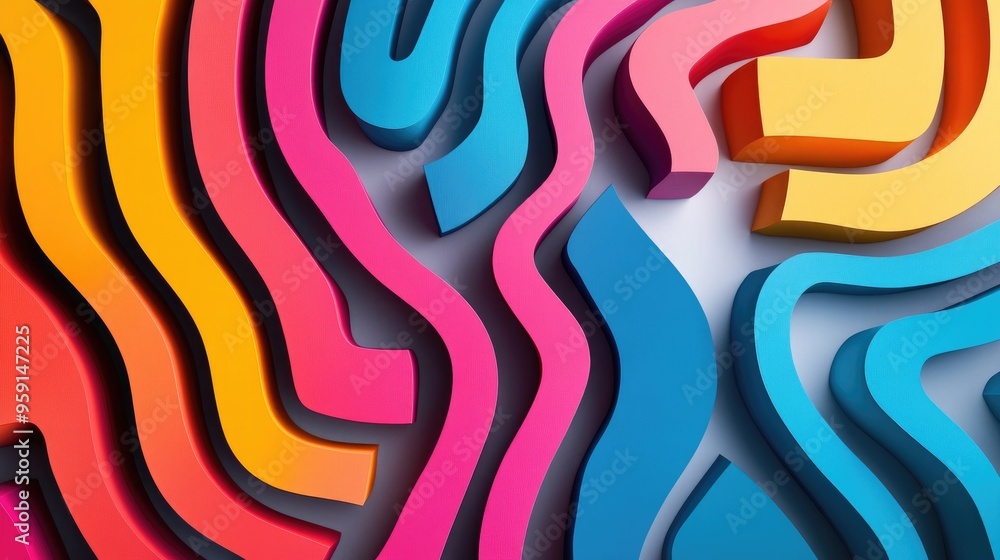 Poster abstract folded paper effect with vibrant colors, shaping a 3d maze on a clean white background, cre