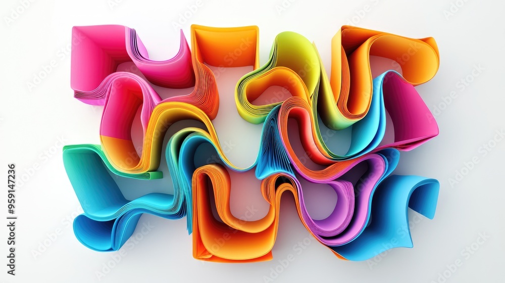 Poster abstract folded paper maze in vibrant colors, rendered in 3d on a white background, creating a visua