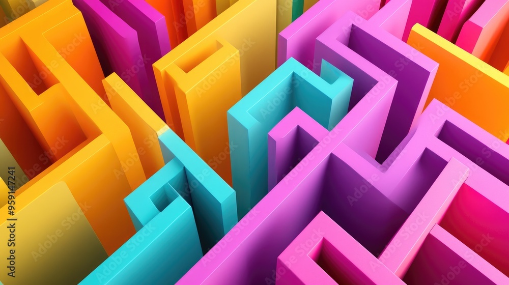 Poster abstract folded paper maze in vibrant colors, rendered in 3d on a white background, creating a visua