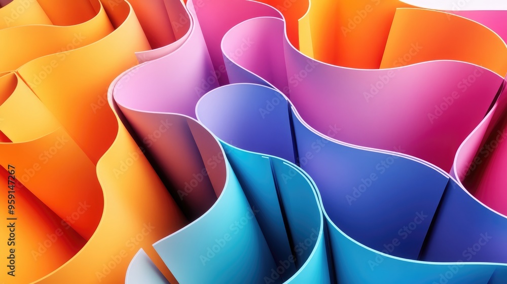 Poster abstract folded paper maze in vibrant colors, rendered in 3d on a white background, creating a visua