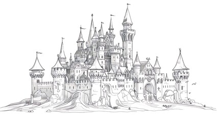 Fantasy castle line illustration isolated on solid white background. 32k, full ultra HD, high resolution