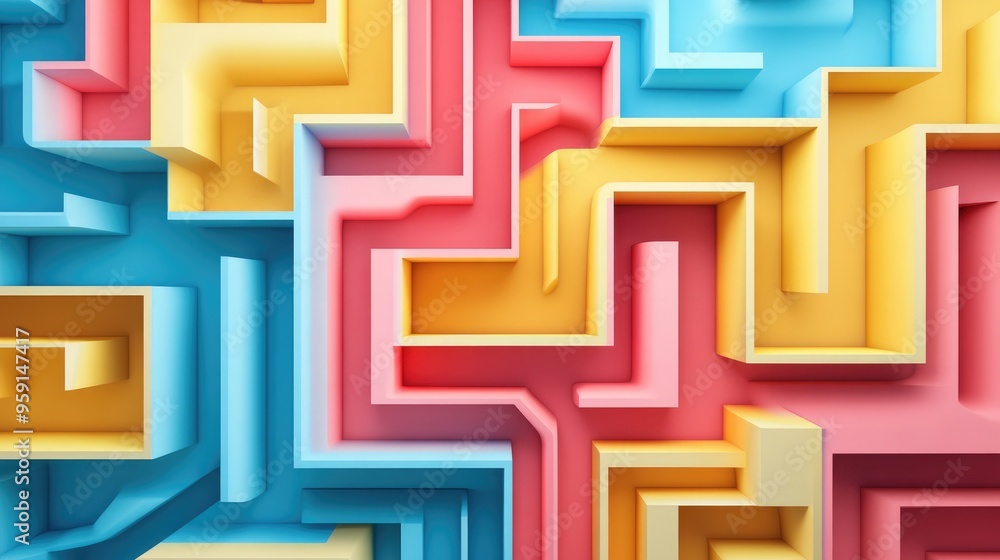 Poster dynamic color folded paper effect forming a 3d maze on a white background, creating a visually capti