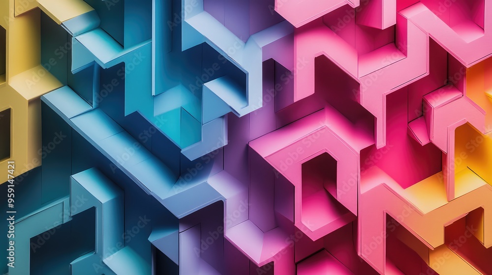 Poster dynamic color folded paper effect forming a 3d maze on a white background, creating a visually capti