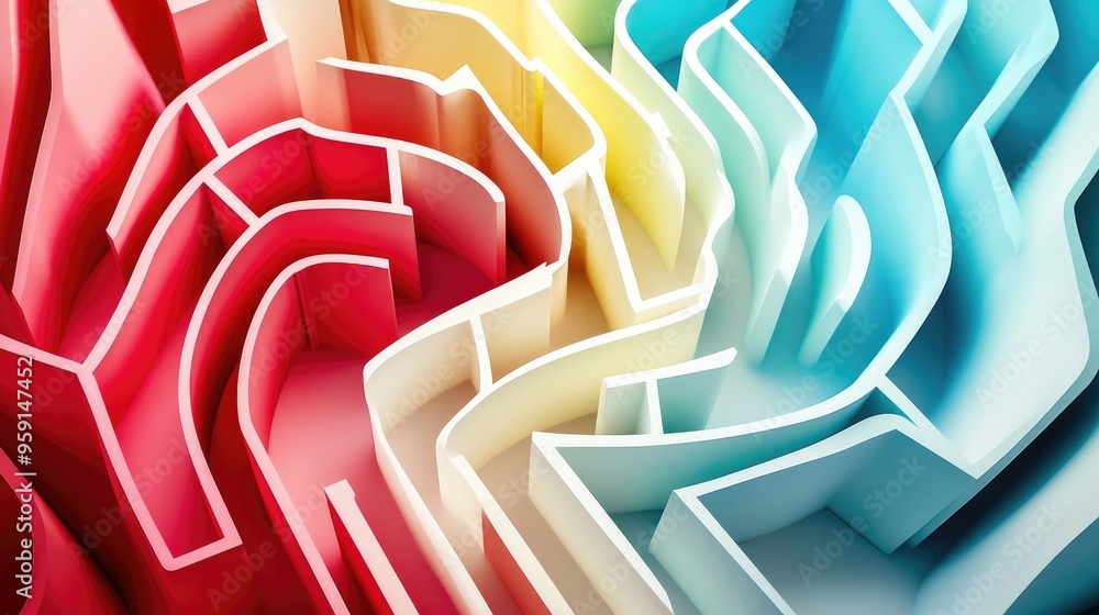 Poster dynamic color folded paper effect forming an intricate 3d maze on a white background, creating a vis