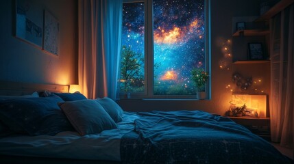 Bedroom with Starry Sky Window View
