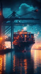 Obraz premium A cargo ship is being loaded with containers at night, surrounded by towering cranes and bright port lights