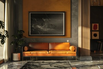 A warm and inviting living room with a comfortable couch and a beautiful painting on the wall
