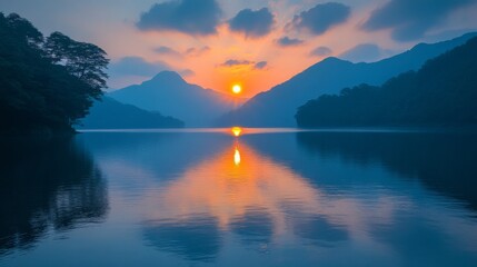 Fototapeta premium Peaceful sunrise over mountain lake