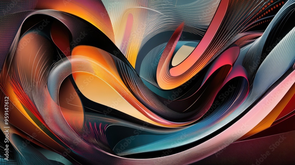 Aufkleber dynamic color geometric pattern with abstract shapes, swirling curves, and intricate lines, set agai
