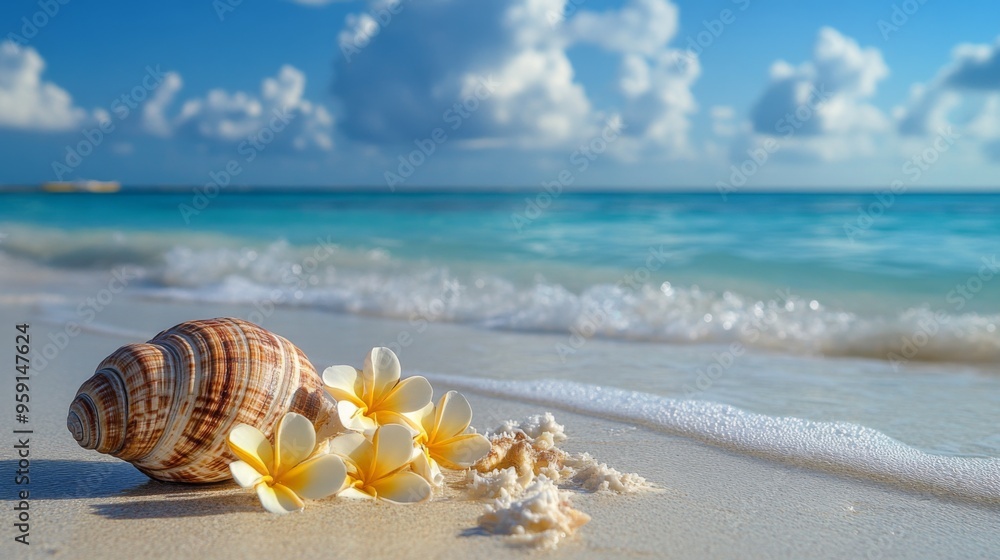 Canvas Prints beach scene with seashells and flowers