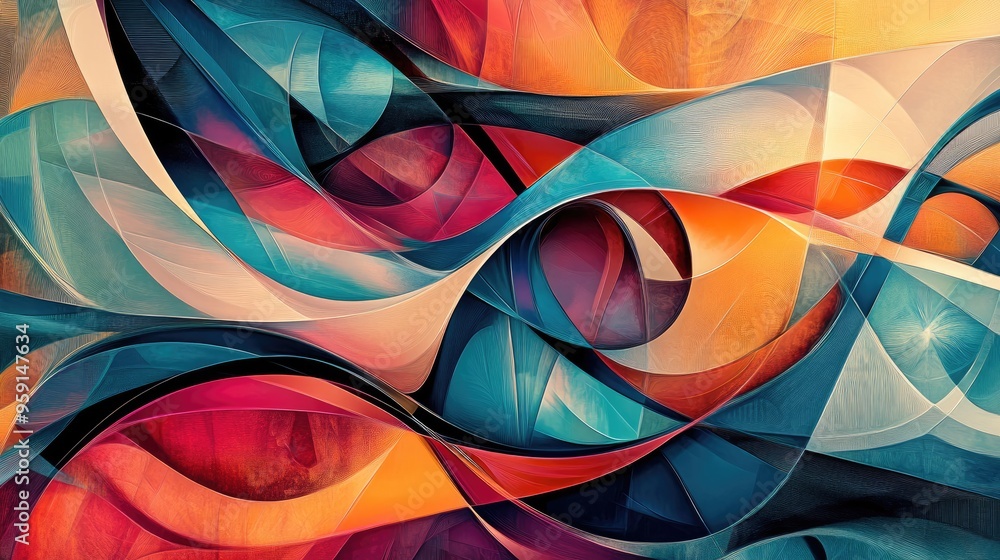 Poster dynamic color geometric pattern with abstract shapes, swirling curves, and intricate lines, set agai