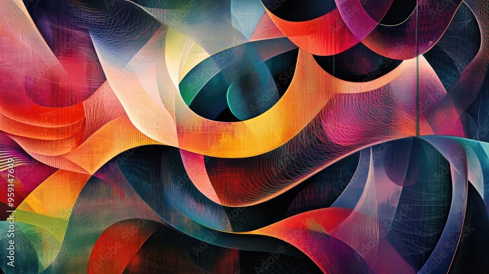Poster dynamic color geometric pattern with abstract shapes, swirling curves, and intricate lines, set agai