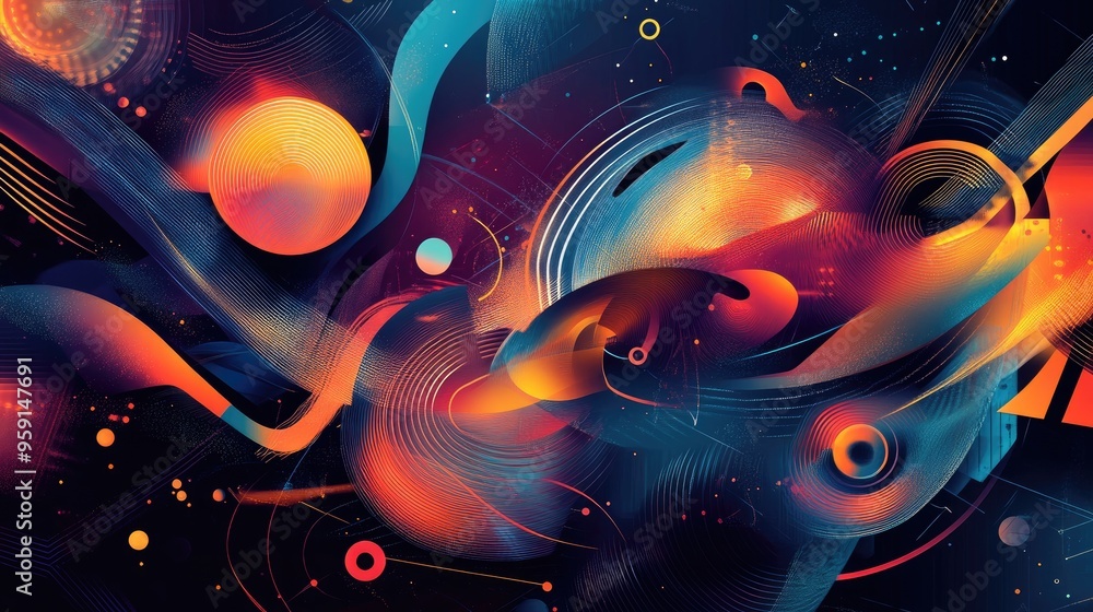 Poster dynamic futuristic background with abstract shapes, swirling curves, and intricate lines in vibrant 