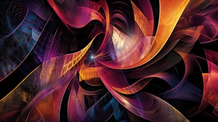 Obraz premium Dynamic color geometric pattern featuring abstract shapes, swirling curves, and intricate lines on a modern futuristic background