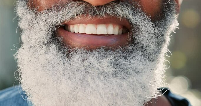 Senior, beard and happy man closeup with teeth, oral hygiene and dental care. Mouth, smile and mature person with facial hair, nose and lips with healthy tooth outdoor for face expression or emotion