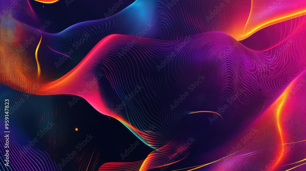 Poster intricate lines and abstract shapes in vibrant geometric patterns, set against a dynamic and futuris