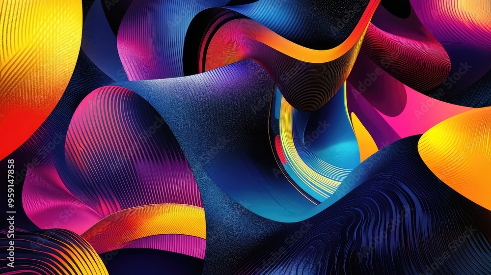 Poster intricate lines and abstract shapes in vibrant geometric patterns, set against a dynamic and futuris