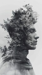 Man with nature growing from his head in black and white.