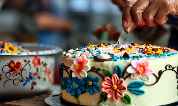 A baker decorating a cake with intricate designs inspired by traditional folk art motifs, using vibrant colors and patterns. Video