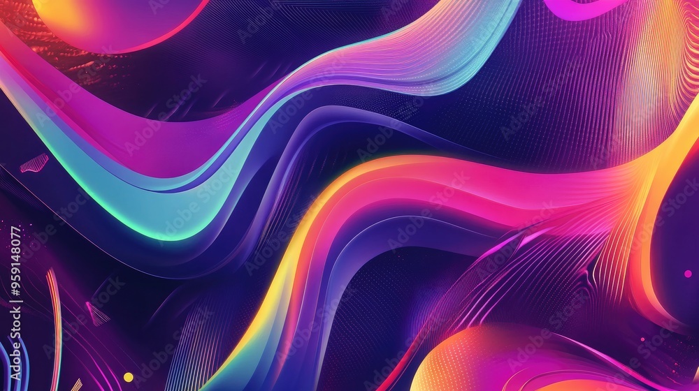 Poster modern futuristic banner with vibrant abstract shapes, swirling curves, and intricate lines in a dyn