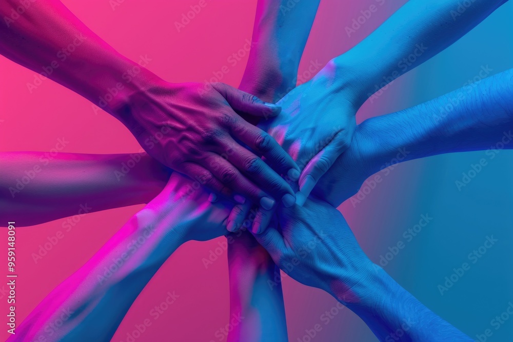 Poster a group of people forming a unity gesture by placing their hands together, often used in corporate e