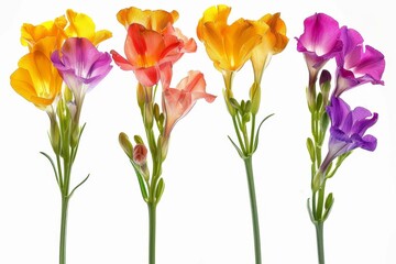 Color freesia flowers isolated, freesia buds set, blossoms collection on white background