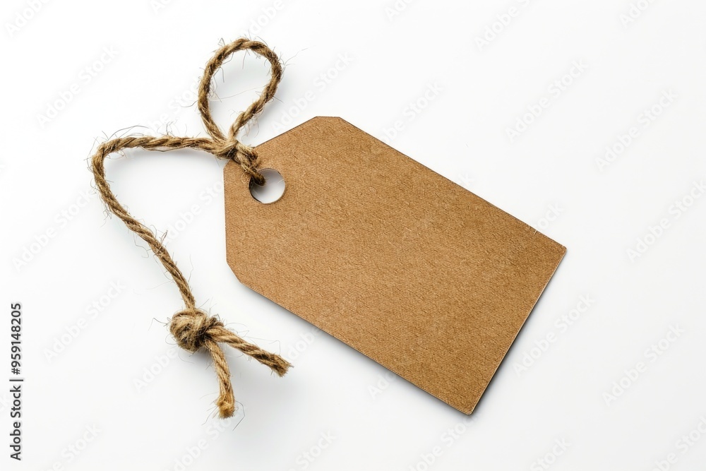 Aufkleber A simple brown tag tied to a string on a white surface, suitable for use in presentations or as a prop