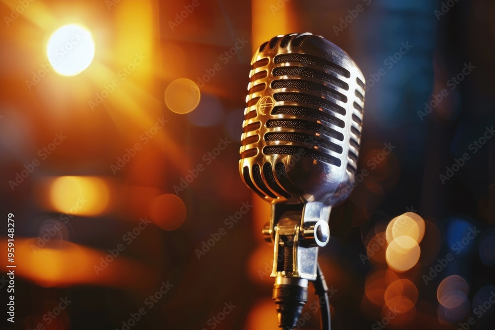Poster a detailed view of a microphone with colorful lights shining behind