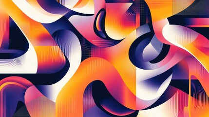 Vibrant, dynamic geometric pattern featuring swirling curves, abstract shapes, and intricate lines on a futuristic banner background