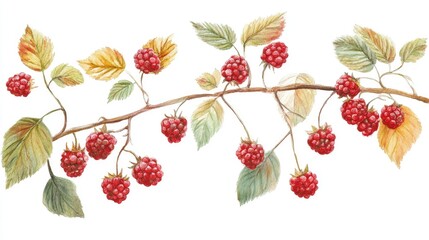 Fototapeta premium Beautiful Watercolor Illustration of Ripe Raspberries on a Branch with Lush Green Leaves