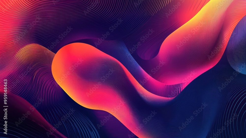 Poster vibrant geometric shapes with swirling curves and intricate lines, creating a dynamic and modern fut