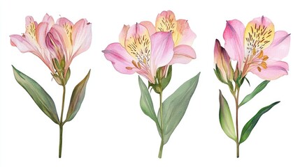 Fototapeta premium Elegant Watercolor Floral Trio: Delicate Pink Petals and Lush Green Leaves