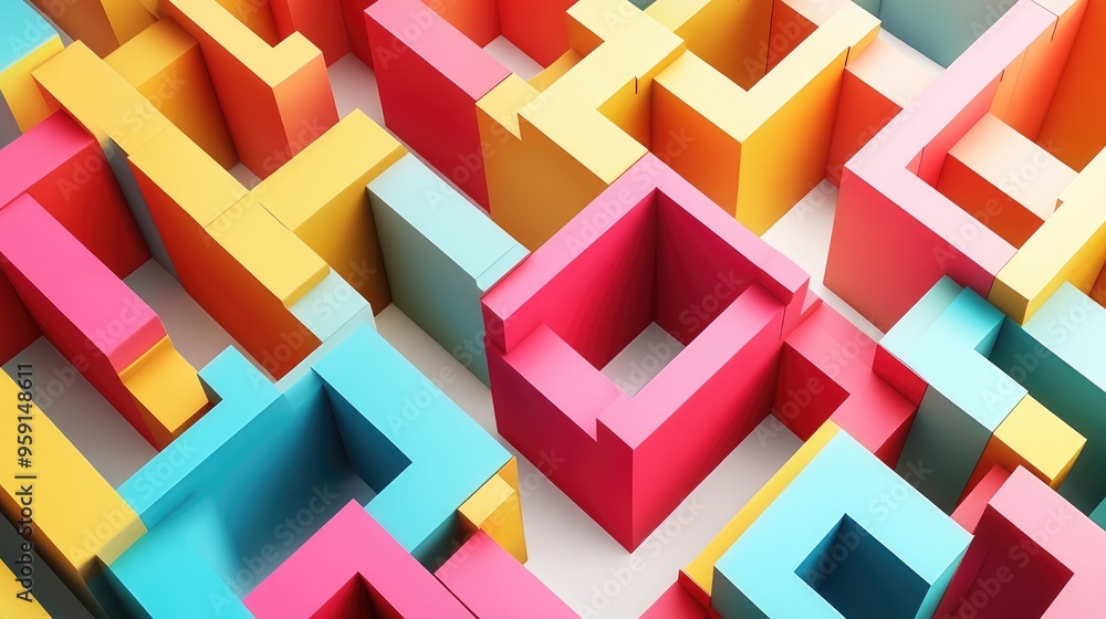 Poster 3d folded paper maze in vibrant dynamic colors, set against a clean white background, creating an ab